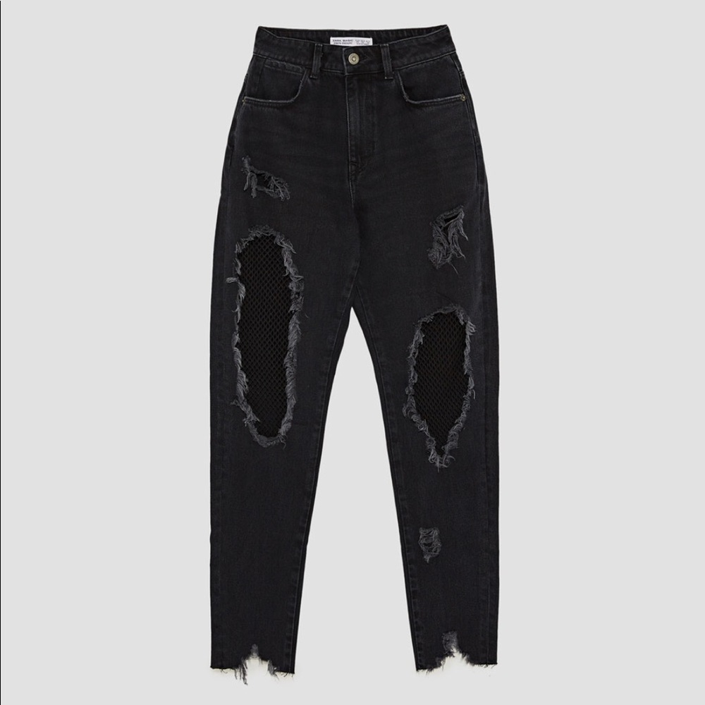 Zara high waisted jeans with mesh fishnet trim